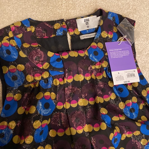 NWT Anna Sui for Target plum, blue, yellow shift dress with metallic threading - Picture 2 of 3